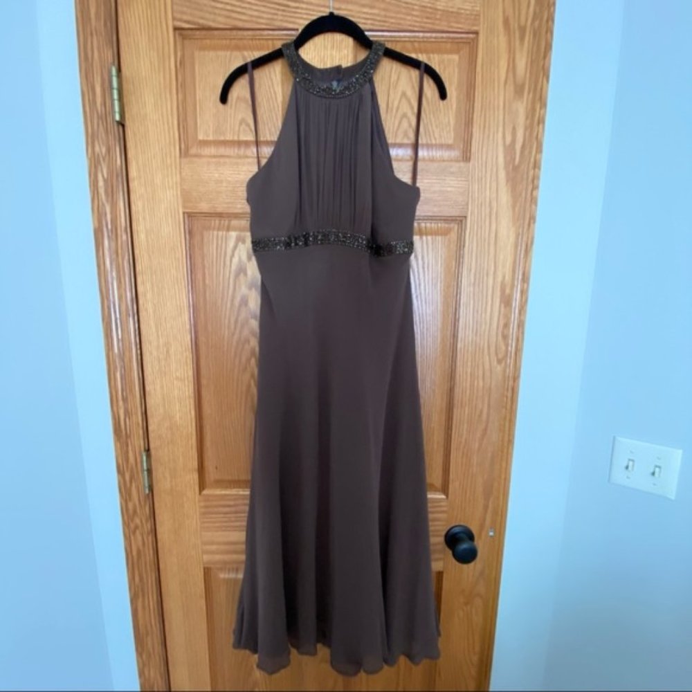 Jones New York Brown Silk Halter Beaded Gown